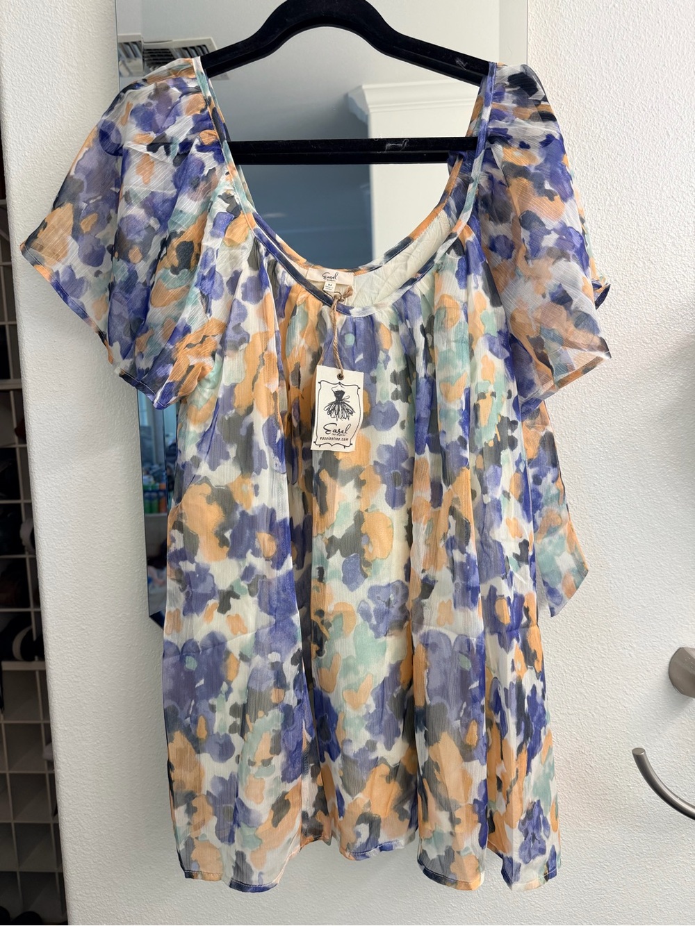 easel Watercolor Floral Scoop-Neck Blouse in Blue, Peach & Mint